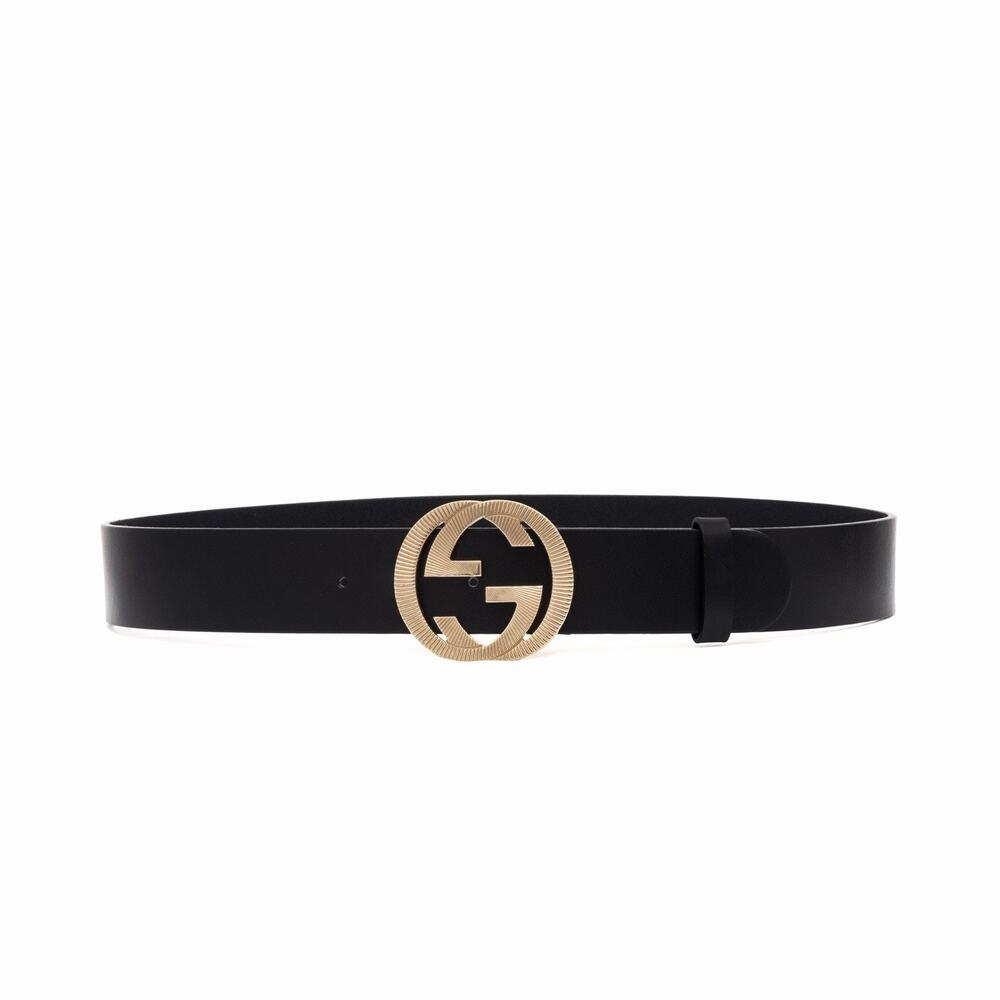 570$ GUCCI Black Leather Belt Gold-Tone Textured Interlocking GG Buckle 85/34